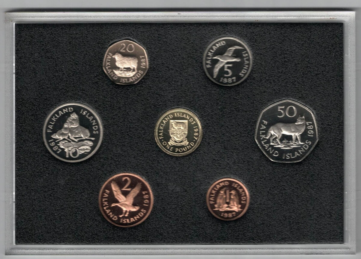 1987 Falkland Islands Coinage Seven Coin Proof Set. The obverse features the portrait of Queen Elizabeth II facing right. All coins are in stock.