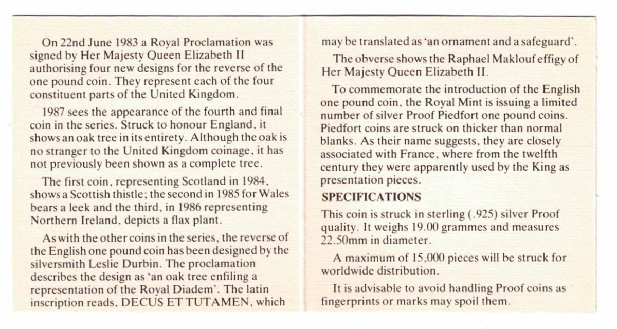 1987 One Pound Piedfort Silver Proof English Oak - Image 3