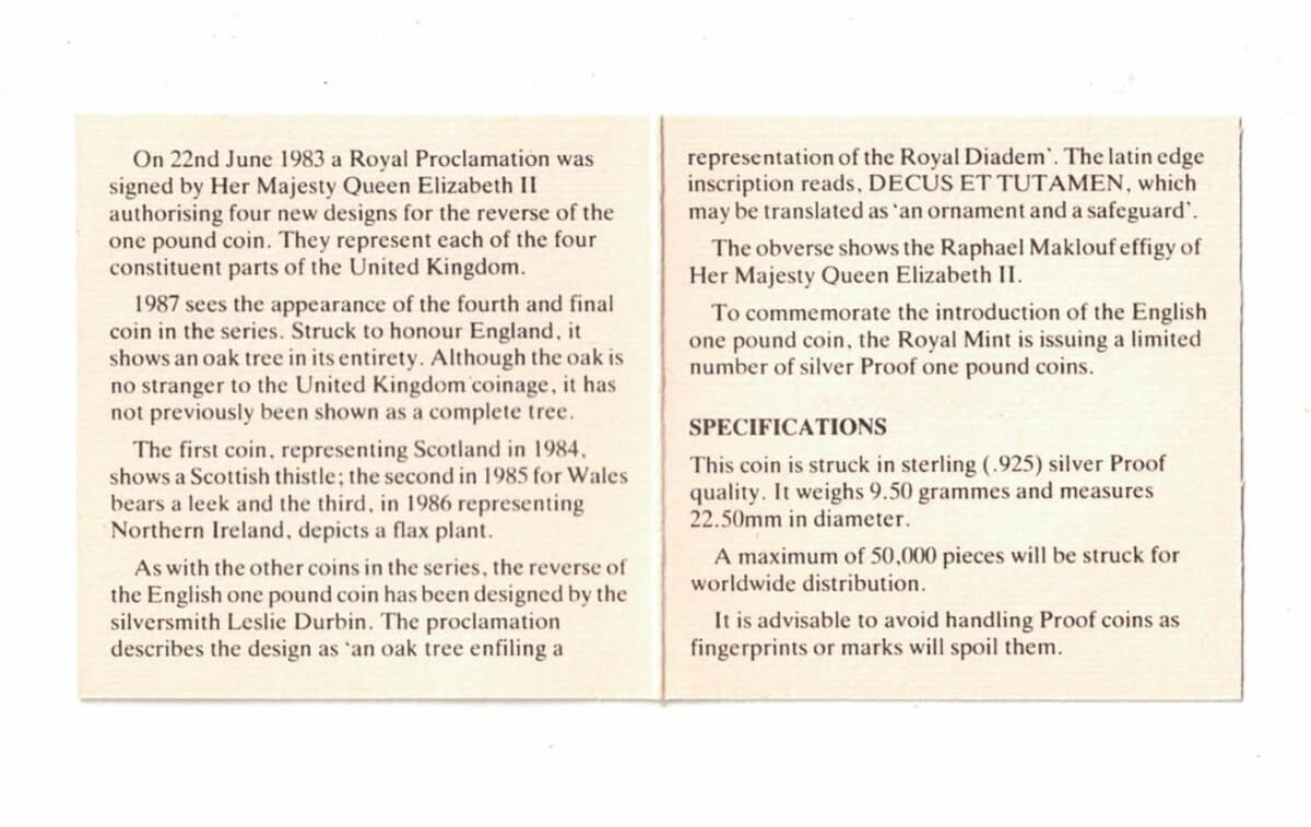 1987 One Pound Silver Proof English Oak - Image 4