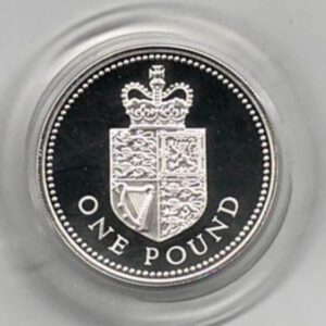 1988 One Pound Silver Proof Crowned Shield on reverse. Elizabeth II on obverse. All coins are in stock and ready to despatch.