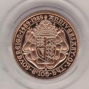 1989 gold proof sovereign coin. 500th Anniversary of the first hammered gold Sovereign in 1489. This coin comes as issued by the royal mint.