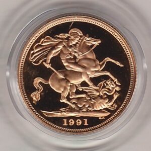 1991 Gold Proof Sovereign coin. This coin is missing the original box and certificate as issued by the royal mint. The coin has damaged edges.