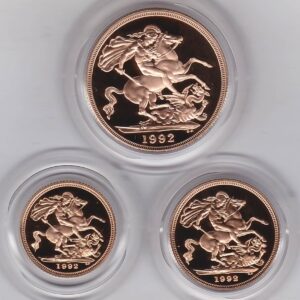 1992 Gold Proof Three Coin Set. This three coin gold sovereign set comes boxed with certificate as issued by the Royal Mint.