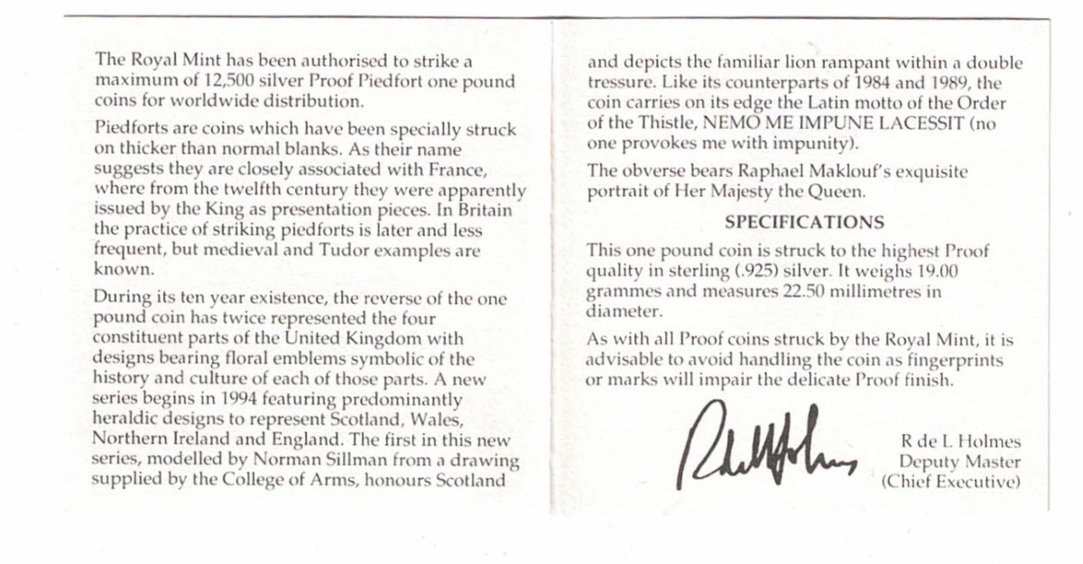 1994 One Pound Piedfort Silver Proof Scottish Lion - Image 3