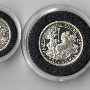 1997 Silver Proof Britannia Set - Four Coins. This set features Elizabeth II on the obverse. Britannia with a trident and shield the reverse.
