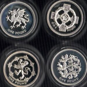 1999-2002 One Pound Piedfort Silver Proof Heraldic Emblems Collection featuring Elizabeth II on the obverse. All coins are in stock for despatch.