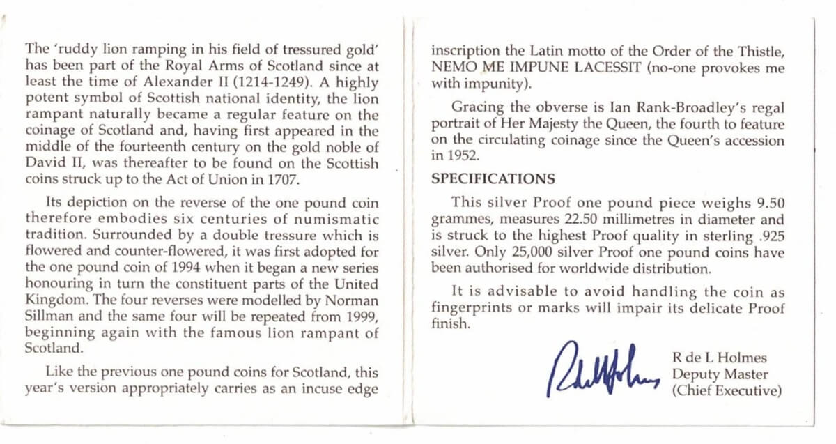 1999 One Pound Silver Proof Scottish Lion - Image 3