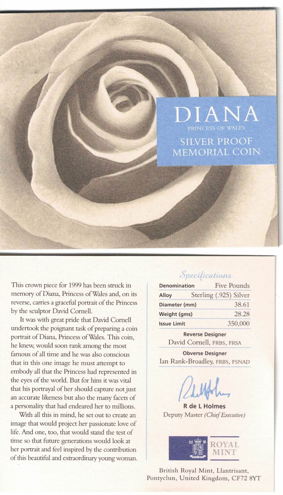 1999 Five Pound Silver Proof Coin Diana, Princess of Wales - Image 3