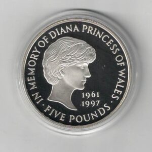 1999 Diana Princess of Wales five pound silver proof coin. The reverse features Head of Diana, Princess of Wales. Obverse features Queen Elizabeth II.