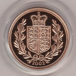 2002 Gold Proof Two Pounds coin. This coin was issued as part of the 2002 Golden Jubilee celebrations. The coin comes in a plastic coin capsule.