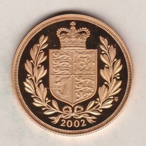 2002 Gold Proof Two Pounds coin. This coin was issued as part of the 2002 Golden Jubilee celebrations. The coin comes in a plastic coin envelope.