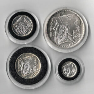 2003 Silver Proof Britannia Set - Four Coins. This set features Elizabeth II on the obverse. Helmeted head of Britannia left, overlaid with a stylised wave.