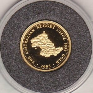 2005 Australia Gold Proof Twenty Fifth Ounce Nugget Coin. This coin comes in a the plastic coin capsule. All of our Gold coins are in stock.