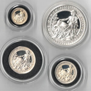 2005 Silver Proof Britannia Set - Four Coins. This set features Elizabeth II on the obverse. Seated figure of Britannia left with trident and shield.