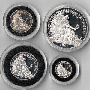 2007 Silver Proof Britannia Set - Four Coins. This set features Elizabeth II on the obverse. Britannia with a trident and shield the reverse.