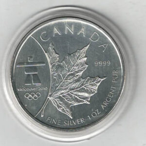 2008 Silver Canada One Ounce Maple. Elizabeth II is on the obverse, The Vancouver logo is on the reverse . The coin contains one ounce of 9999 fine silver.