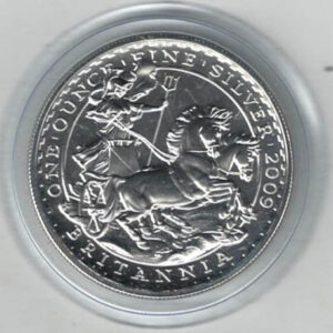 2009 Silver Britannia One Ounce Coin. The coin contains one ounce of fine silver. All of our silver coins have been pre-owned and are in stock.