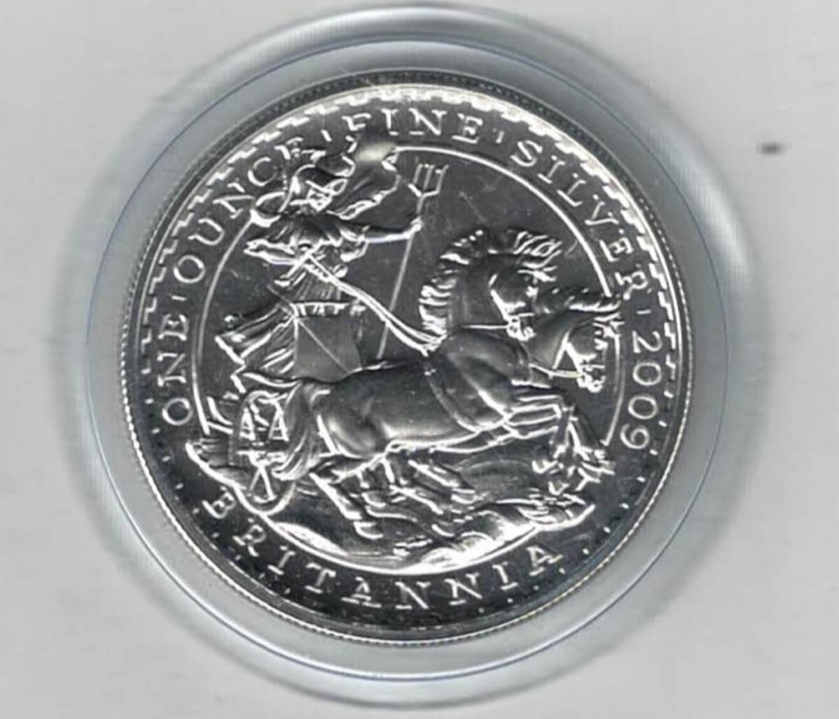 2009 Silver Britannia One Ounce Coin. The coin contains one ounce of fine silver. All of our silver coins have been pre-owned and are in stock.