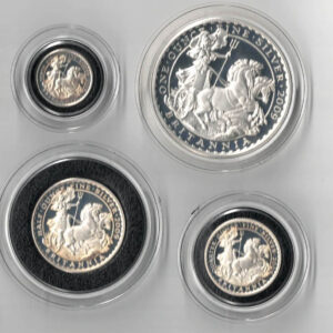 2009 Silver Proof Britannia Set - Four Coins. This set features Elizabeth II on the obverse. Britannia with trident on chariot.