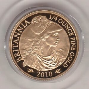 2010 Gold Proof Quarter Ounce Britannia coin featuring Queen Elizabeth II on the Obverse. The profile bust of Britannia on the Reverse.