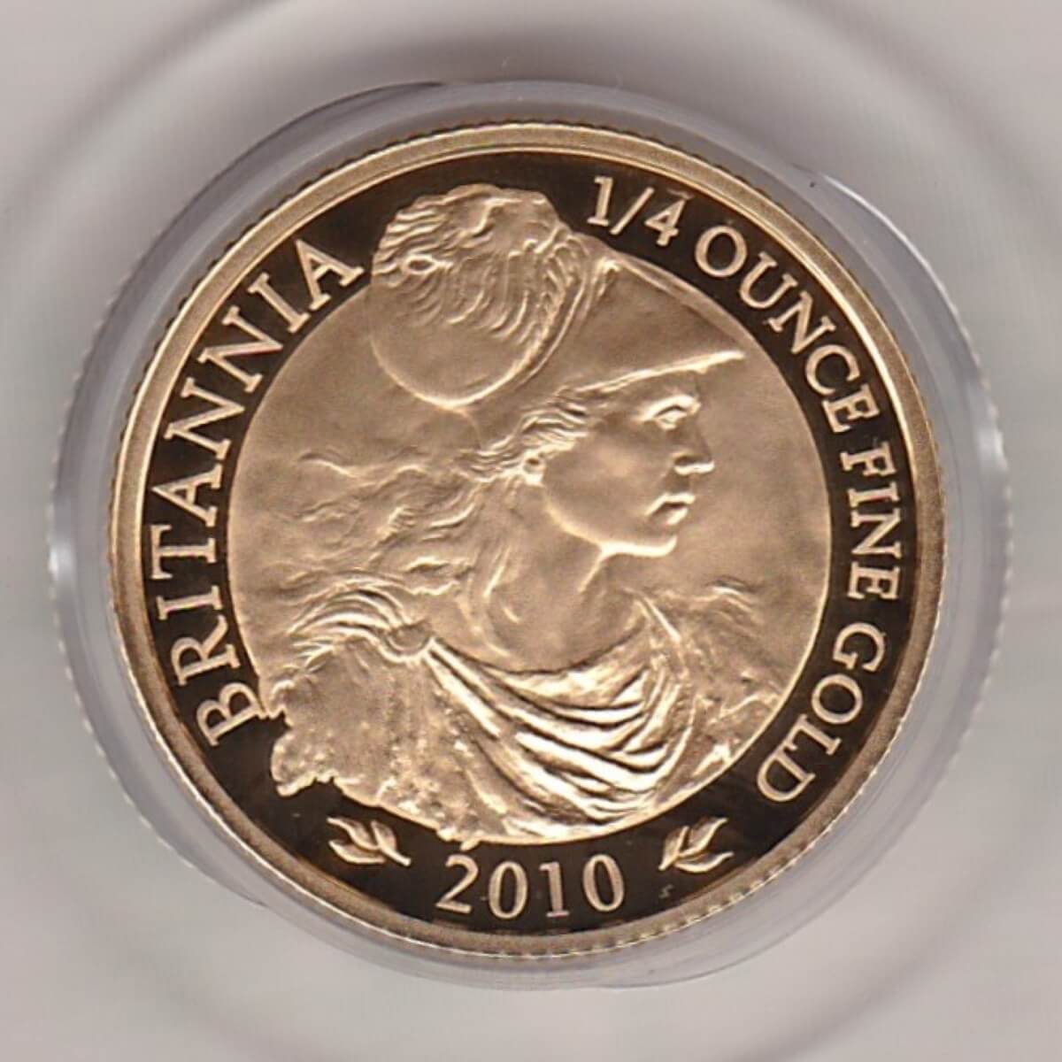 2010 Gold Proof Quarter Ounce Britannia coin featuring Queen Elizabeth II on the Obverse. The profile bust of Britannia on the Reverse.