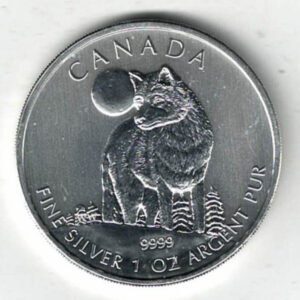 2011 Silver Canada One Ounce Timber Wolf Elizabeth II is on the obverse, The wolf is on the reverse. The coin contains one ounce of 9999 fine silver.
