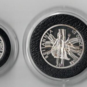 2011 Silver Proof Britannia Set - Four Coins. This set features Elizabeth II on the obverse. Britannia with a trident and shield the reverse.