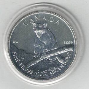 2012 Silver Canada One Ounce Cougar. Elizabeth II is on the obverse, The Cougar is on the reverse. The coin contains one ounce of 9999 fine silver.