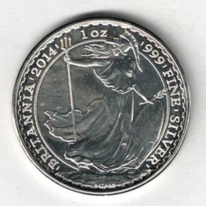 2014 Silver Britannia One Ounce Coin. The coin contains one ounce of 999 fine silver. All of our silver coins have been pre-owned and are in stock.