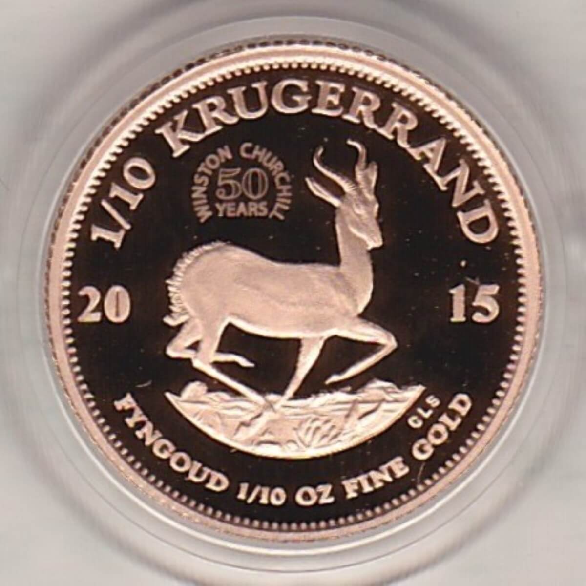 2015 South Africa Gold Proof Tenth Ounce Krugerrand coin featuring Paul Kruger on the Obverse. The springbok antelope is on the Reverse.