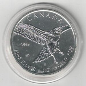 2015 Silver Canada One Ounce Hawk. Elizabeth II is on the obverse, The Red Tailed Hawk is on the reverse. The coin contains one ounce of 9999 fine silver.
