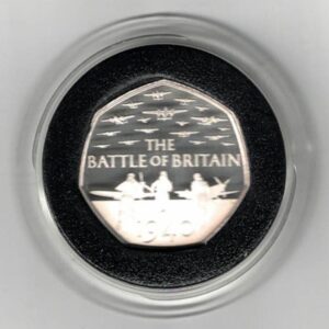 2015 Silver Proof Fifty Pence Coin Battle Of Britain Anniversary. This coin comes in the original box with certificate as issued by the royal mint.