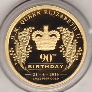2016 Gold Proof Australia Quarter Ounce coin. The coin was issued to celebrate Elizabeth II 90th Birthday. Boxed with certificate.