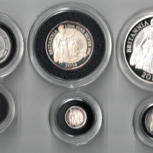 2016 Silver Proof Britannia Set - Six Coins. This set features Elizabeth II on the obverse. Britannia with shield, trident and lion.