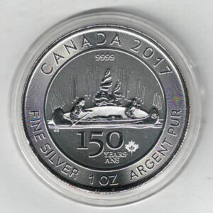 2017 Silver Canada One Ounce Voyageur. Elizabeth II is on the obverse, 150 years is on the reverse . The coin contains one ounce of 9999 fine silver.