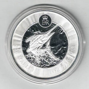 2017 Silver Cayman Islands One Ounce Marlin Fish One Dollar coin. This coin features Elizabeth II. This coin contains one ounce of 999 fine silver.