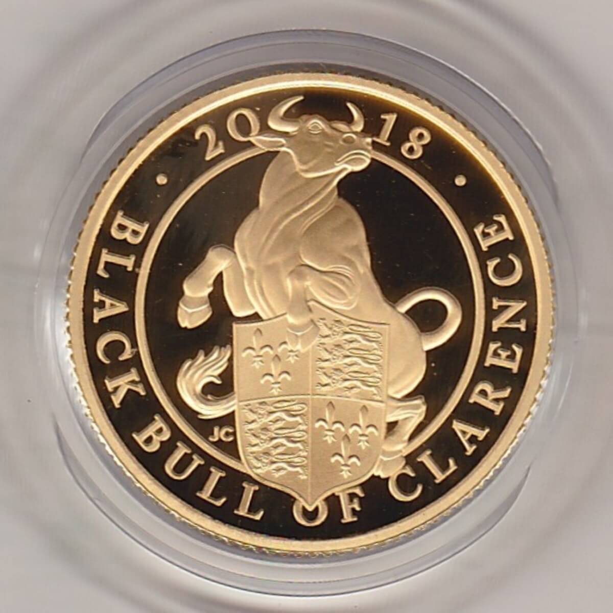 2018 Gold Proof Quarter Ounce Queen's Beasts The Black Bull Of Clarence Coin. The obverse features Queen Elizabeth II. The reverse features a Bull.