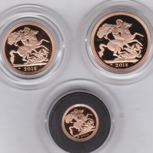 2018 Three Coin Gold Proof Set. This three coin gold sovereign set comes boxed with certificate as issued by the Royal Mint.