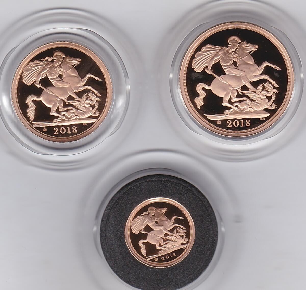 2018 Three Coin Gold Proof Set. This three coin gold sovereign set comes boxed with certificate as issued by the Royal Mint.