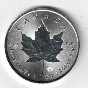 2018 Silver Canada One Ounce Maple. Elizabeth II is on the obverse, The Maple is on the reverse. The coin contains one ounce of 9999 fine silver.