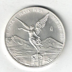 2018 Mexico silver one ounce one Onza Libertad coin. This coin contains one ounce of 999 fine silver. With Mexico coat of arms on the Obverse.