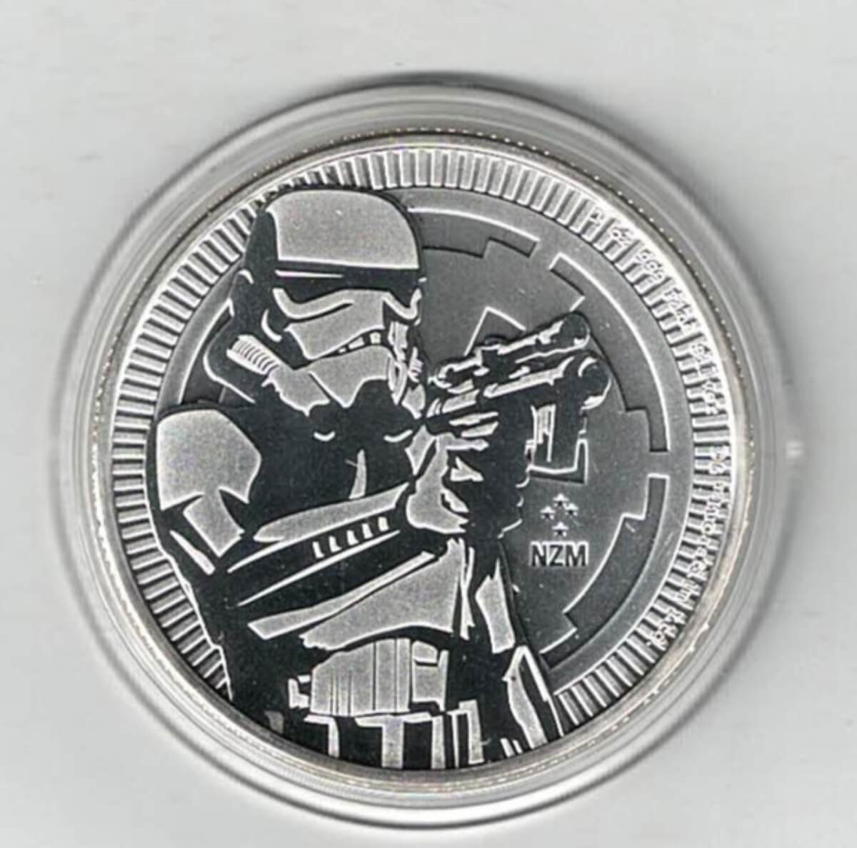 2018 Silver Niue One Ounce Stormtrooper Coin. Stormtrooper is on the reverse. This coin contains one ounce of 999 fine silver.