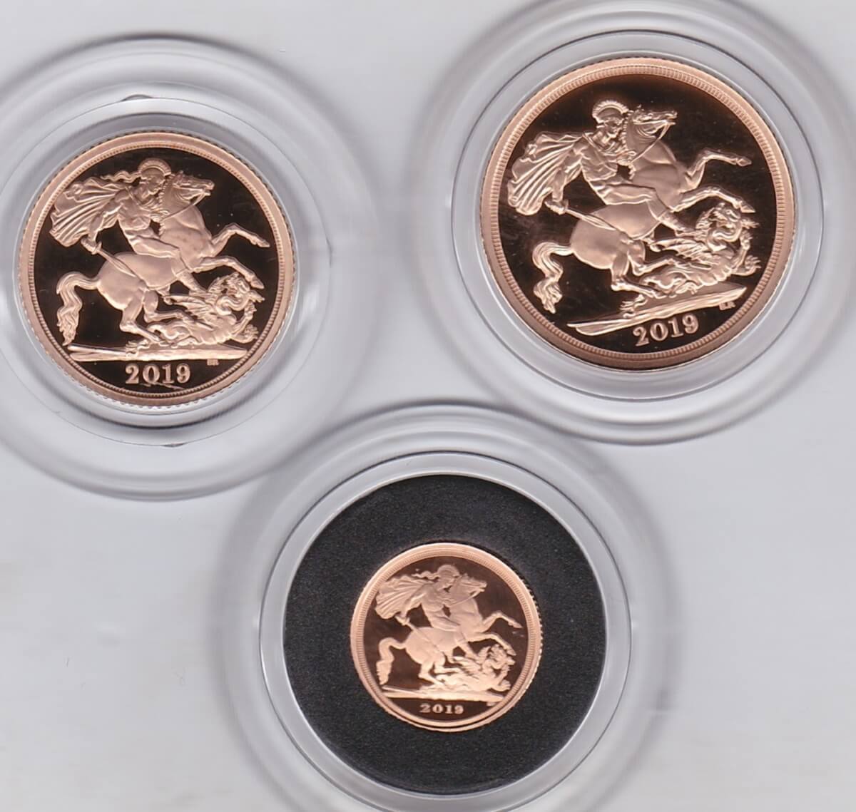 2019 Three Coin Gold Proof Set. This three coin gold sovereign set comes boxed with certificate as issued by the Royal Mint.