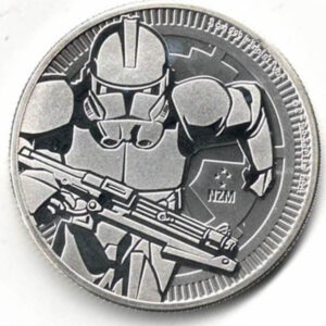 2019 Silver Niue One Ounce Star Wars Clone Trooper Coin. The character is holding a blaster gun. This coin contains one ounce of 999 fine silver.