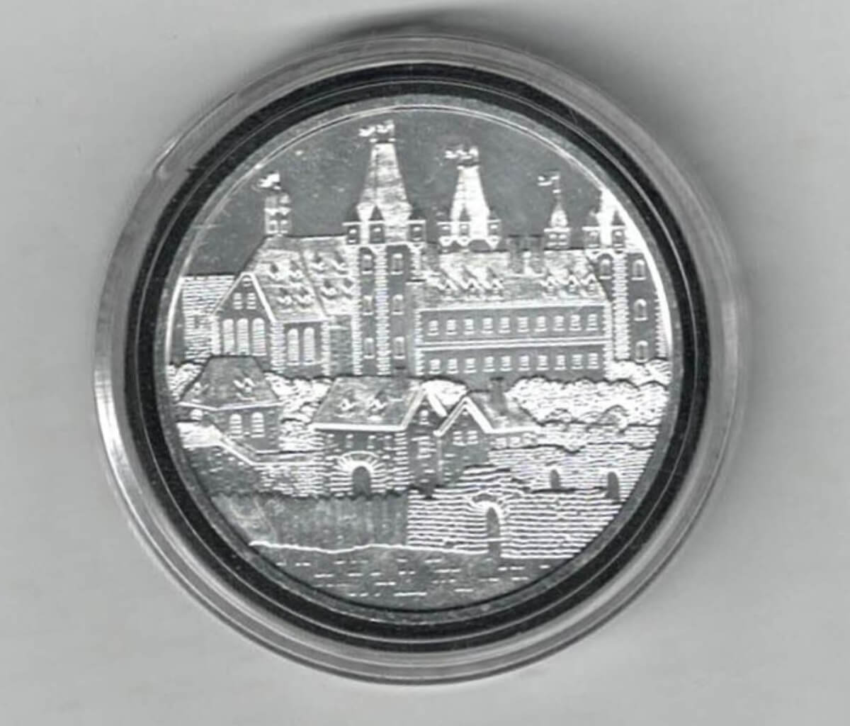 2019 Silver Austria One Ounce Wiener Neustadt. The reverse features Wiener Neustadt. The coin contains one ounce of 9999 fine silver.