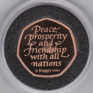 2020 Piedfort Gold Proof Fifty Pence. The coin was issued to commemorate the withdrawal from the European Union. Boxed with certificate.