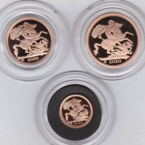 2020 Three Coin Gold Proof Set. This three coin gold sovereign set comes boxed with certificate as issued by the Royal Mint.