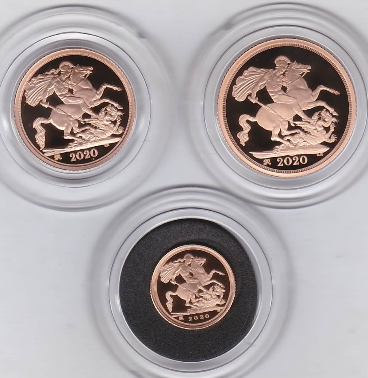 2020 Three Coin Gold Proof Set. This three coin gold sovereign set comes boxed with certificate as issued by the Royal Mint.