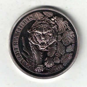 2020 Lao Silver One Ounce Panthera Tigris Coin. the reverse features a tiger. The coin contains one ounce of 999 fine silver.