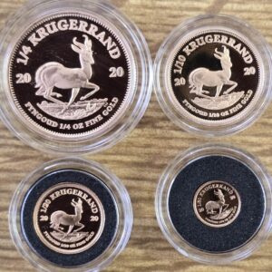 2020 South Africa Gold Proof Krugerrand Set. This four coin set coin contains 0.45635 ounces of fine Gold. Boxed with certificate.